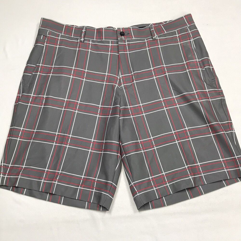 DUNNING Golf Shorts Men 36 Gray Red Plaid Performance Stretch Flat Chino